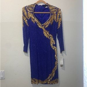 Women’s Veelam Silk Blue Gown Dress Gold Beaded Sequin Size Medium New NWT